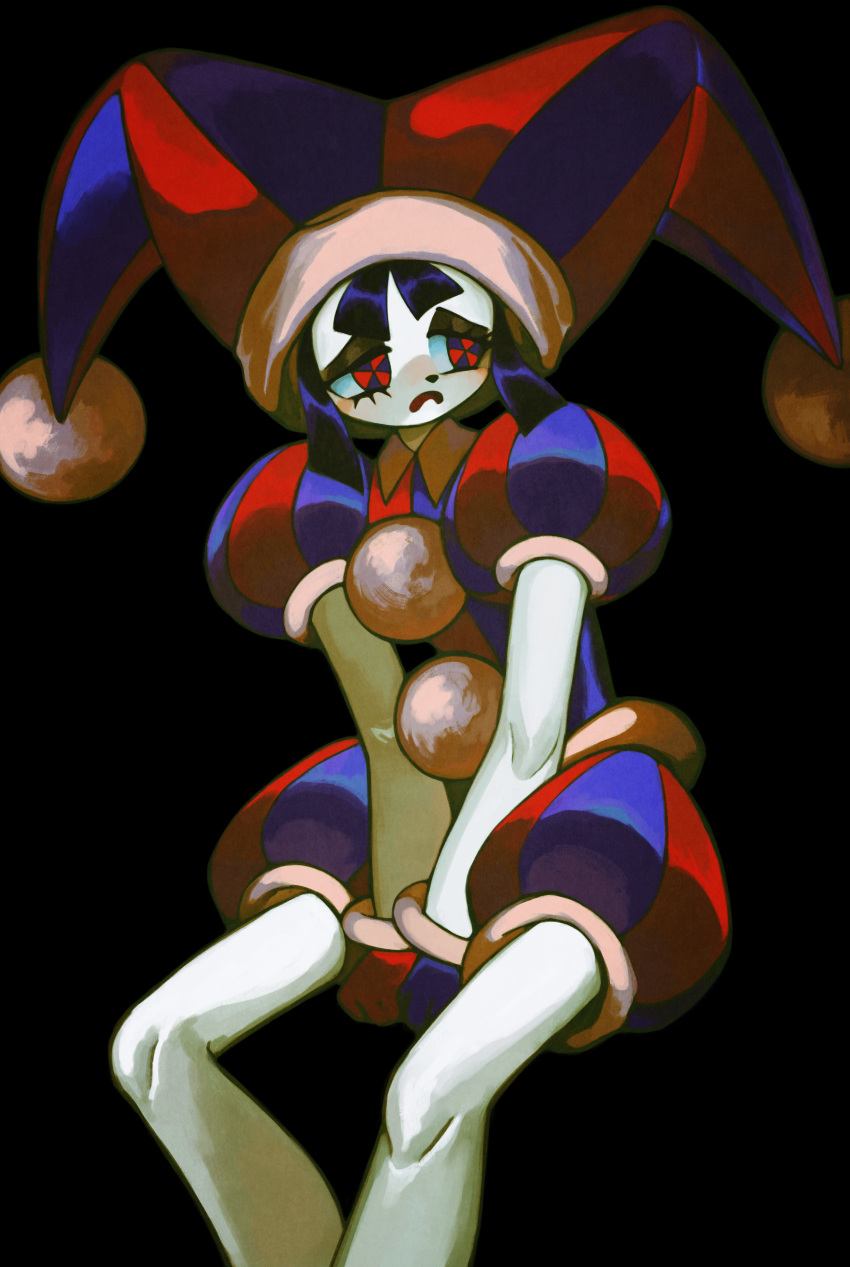 1girl, absurdres, between_legs, black_background, black_hair, blue_gloves, blue_headwear, gloves, hand_between_legs, hat, highres, jester_cap, mime_404, pomni_(the_amazing_digital_circus), puffy_short_sleeves, puffy_sleeves, red_eyes, red_gloves, red_headwear, short_sleeves, simple_background, solo, striped, striped_headwear, the_amazing_digital_circus, two-tone_eyes