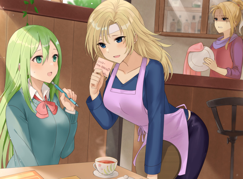 3girls, :d, apron, bending, blonde_hair, blue_eyes, breasts, calill_(fire_emblem), cleaning, coffee, coffee_cup, commentary_request, contemporary, cup, disposable_cup, fire_emblem, fire_emblem:_radiant_dawn, green_eyes, green_hair, haru_(nakajou-28), heather_(fire_emblem), multiple_girls, nephenee_(fire_emblem), smile