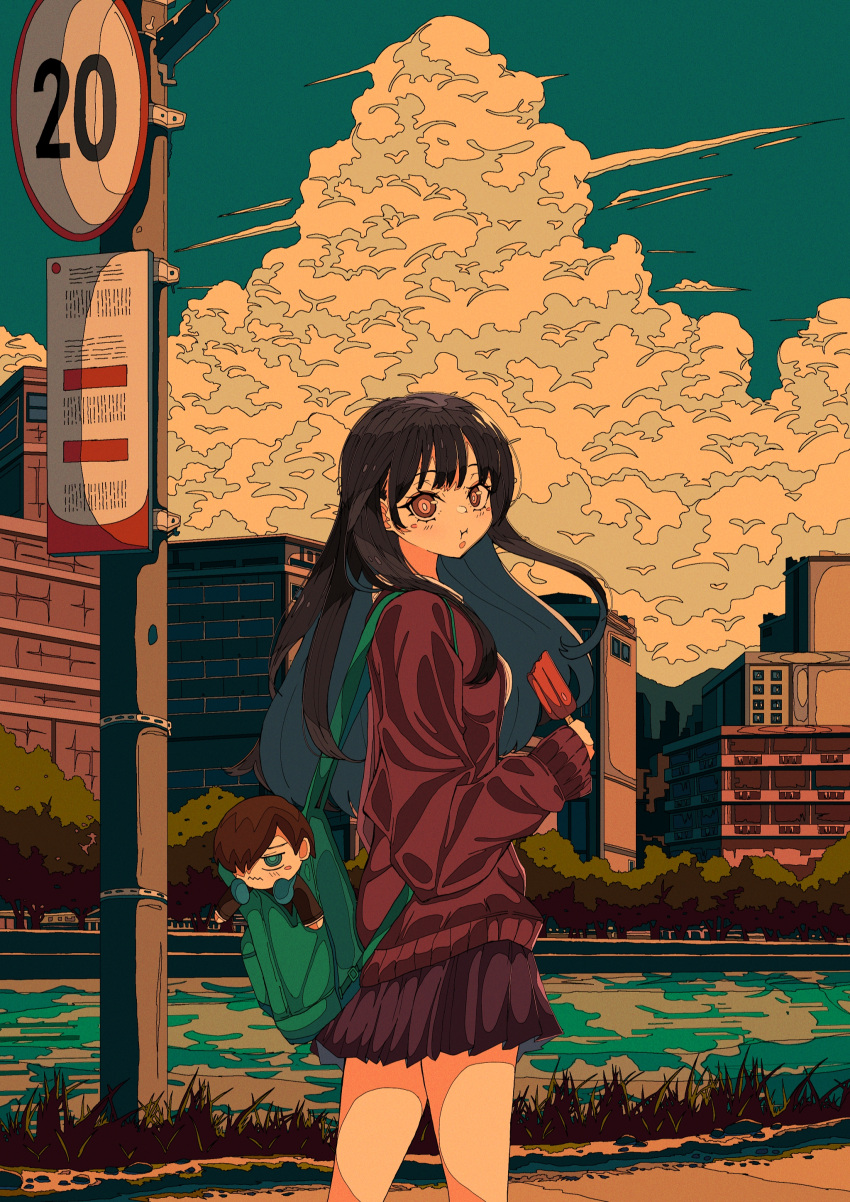 1girl, absurdres, artdroiiid_ii, backpack, bag, black_cardigan, black_hair, black_skirt, blue_sky, boku_no_kokoro_no_yabai_yatsu, brown_eyes, building, canal, cardigan, character_doll, city, clouds, day, eating, food, highres, holding, holding_food, holding_popsicle, ichikawa_kyoutarou, looking_at_viewer, outdoors, popsicle, road_sign, sign, skirt, sky, solo, tree, water, yamada_anna