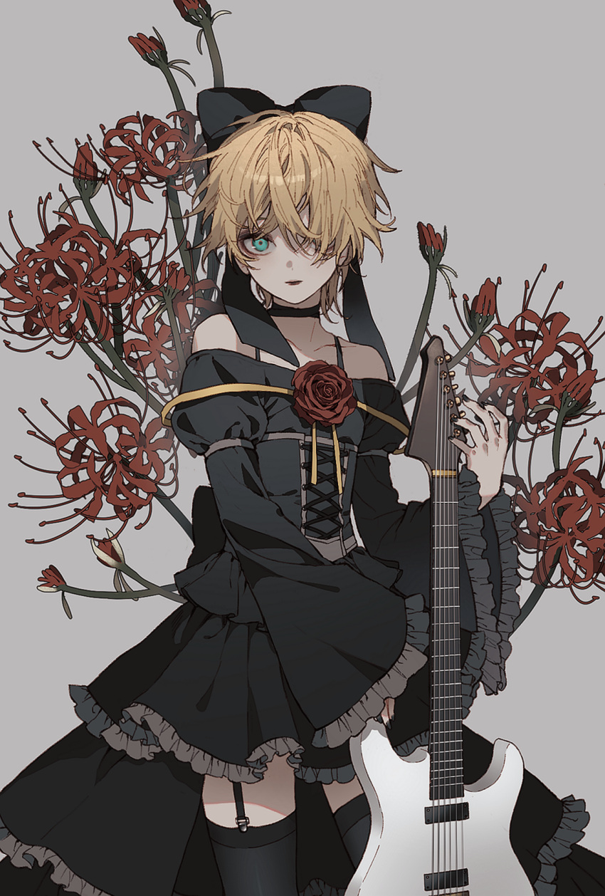 1boy, bare_shoulders, black_dress, black_nails, black_ribbon, black_thighhighs, blonde_hair, bsgkstnals03