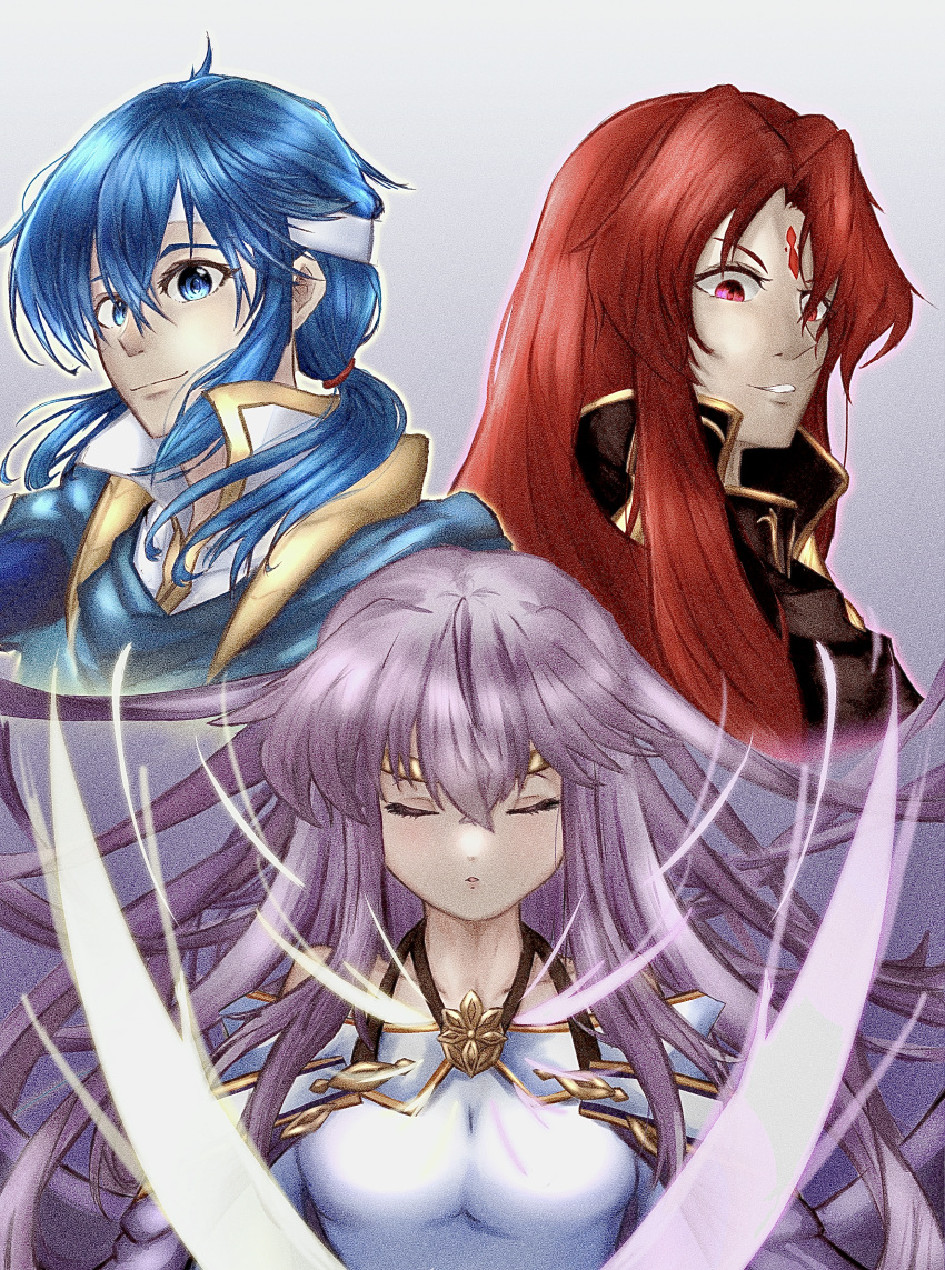 1girl, 2boys, absurdres, blue_eyes, blue_hair, brother_and_sister, cape, circlet