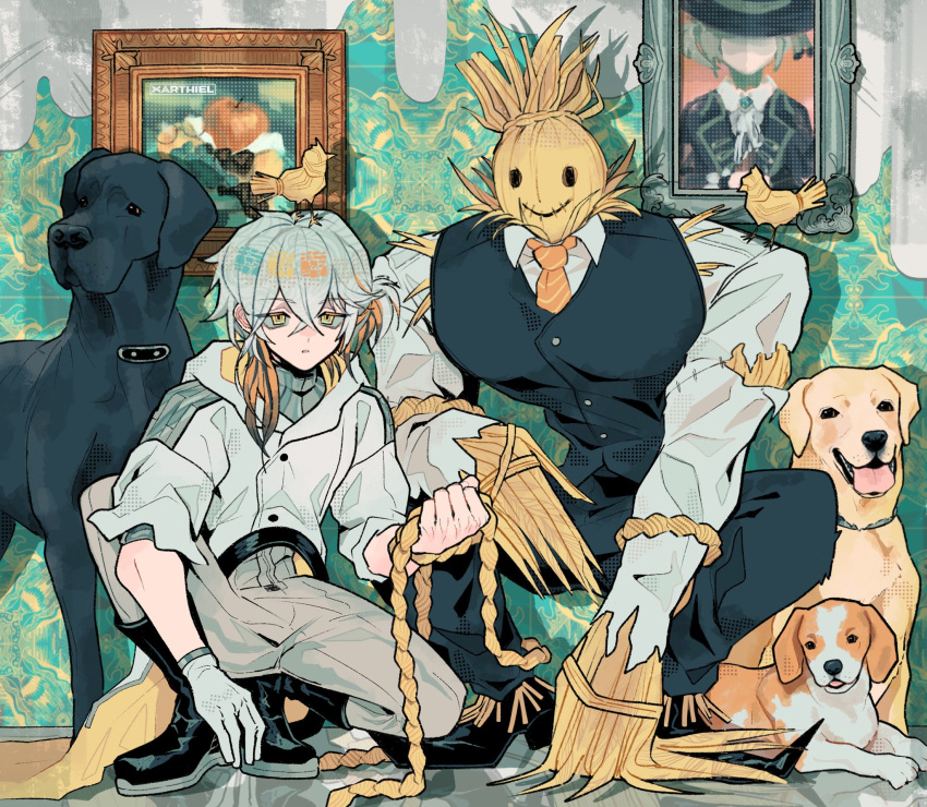 1boy, 1other, apple_(reverse:1999), artist_name, asymmetrical_hair, beagle, bird, black_dog