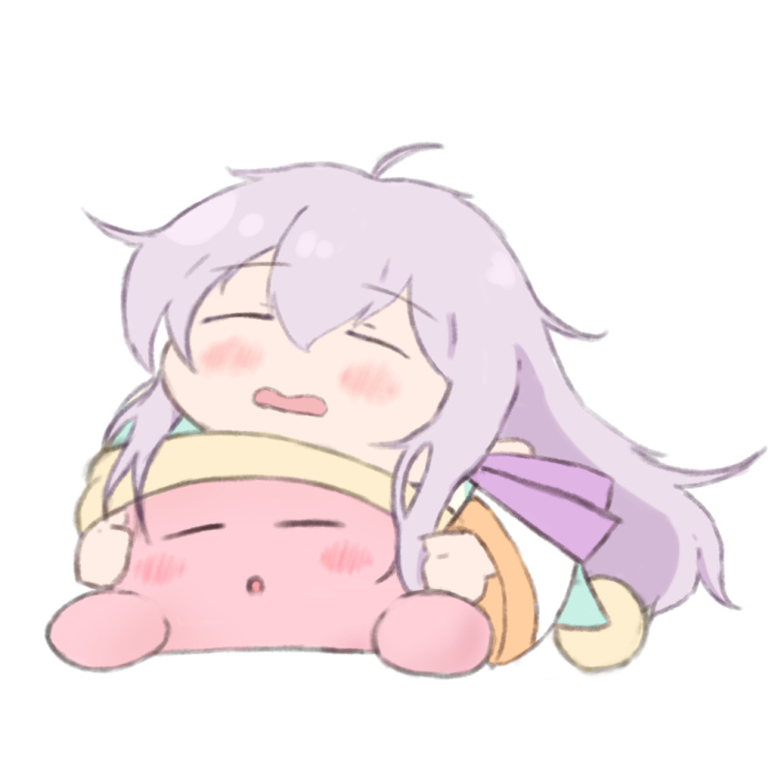 1boy, 1girl, blush, closed_eyes, commentary_request, fire_emblem, fire_emblem:_genealogy_of_the_holy_war, julia_(fire_emblem), kirby, kirby_(series), lying, on_stomach, open_mouth, poaa_20, purple_hair, sleeping, sleeping_on_person, white_background
