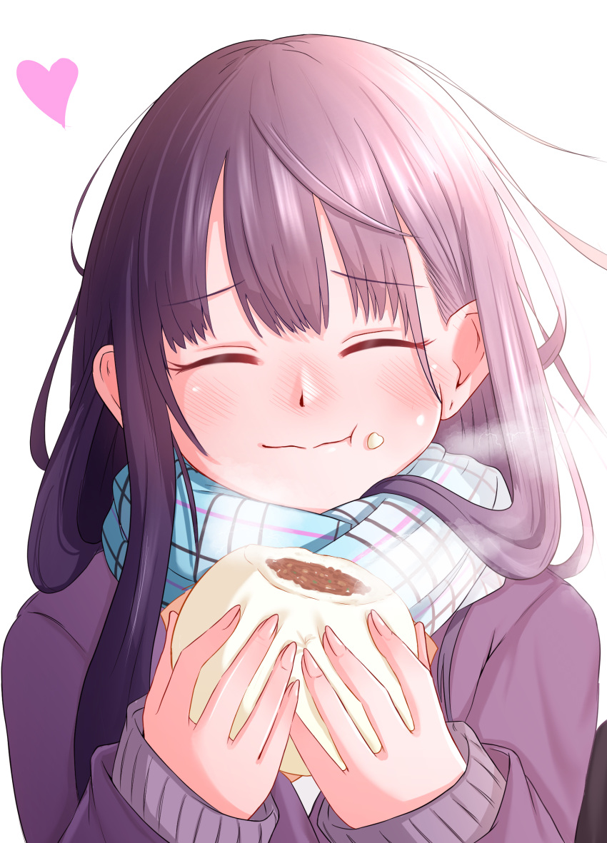 1girl, absurdres, baozi, black_hair, blue_scarf, boku_no_kokoro_no_yabai_yatsu, cardigan, closed_eyes
