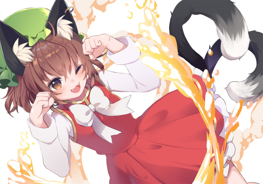 1girl, ;d, ahoge, animal_ear_fluff, animal_ear_piercing, blush, bow, bowtie