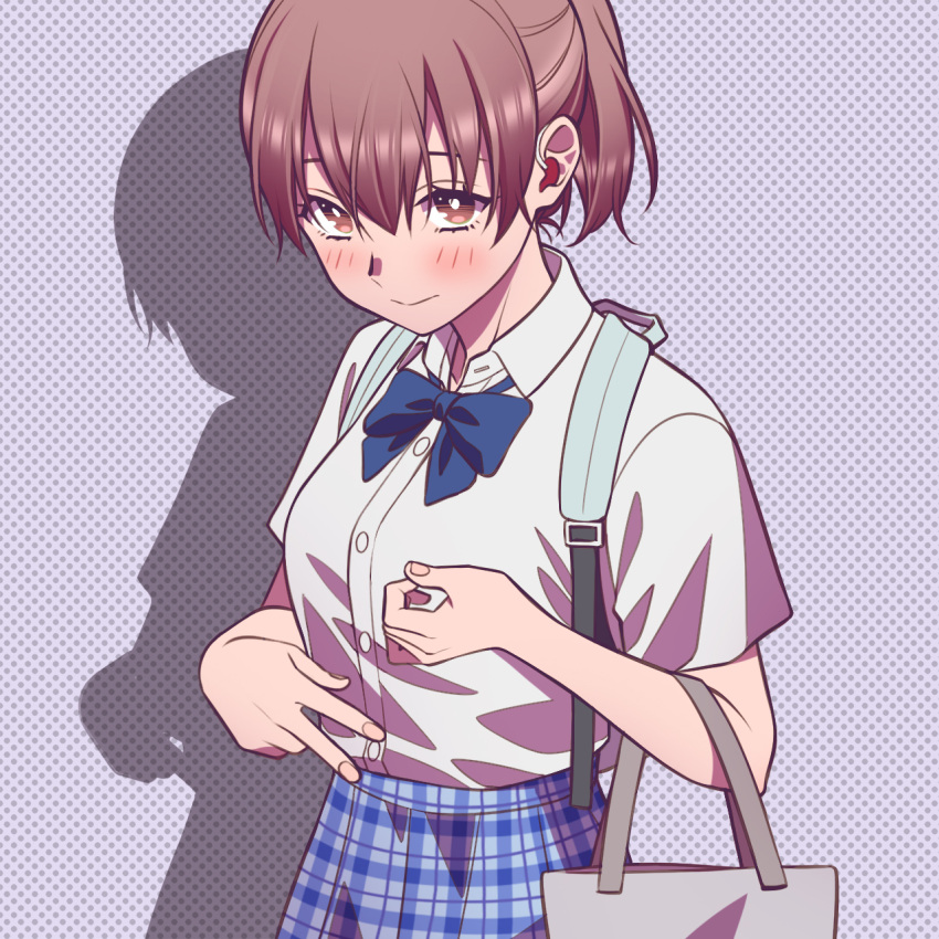 1girl, andrian_januar_adilia, aqua_bag, backpack, bag, blue_background, blue_bow, blue_bowtie