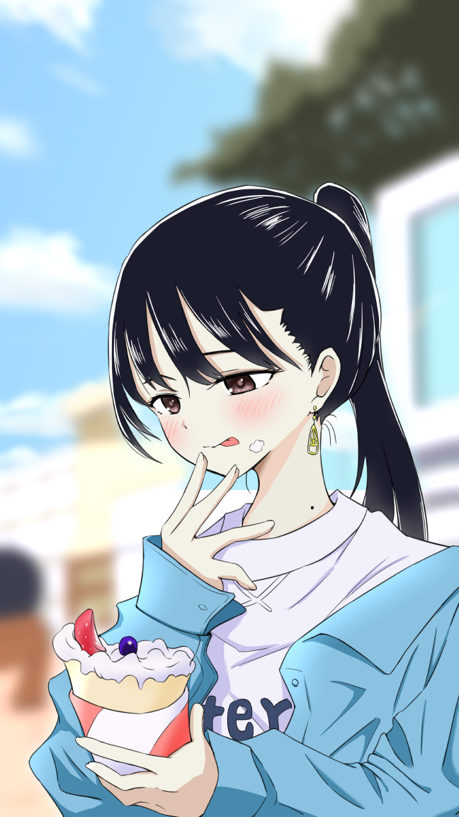 1girl, black_hair, blue_shirt, blue_sky, blurry, blurry_background, boku_no_kokoro_no_yabai_yatsu, brown_eyes