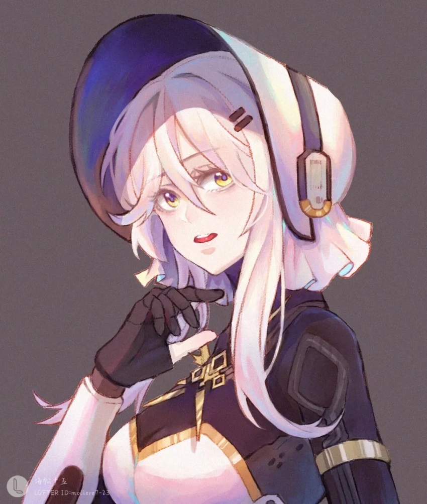 1girl, cyborg, dress, grey_background, grey_hair, haicma:_starveil_(punishing:_gray_raven), haicma_(punishing:_gray_raven), hair_between_eyes