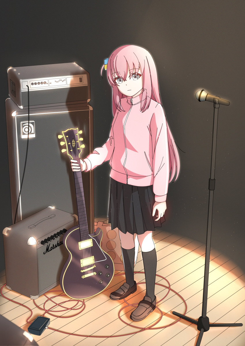 1girl, absurdres, amplifier, blue_eyes, bocchi_the_rock!, cube_hair_ornament, electric_guitar, gibson_les_paul