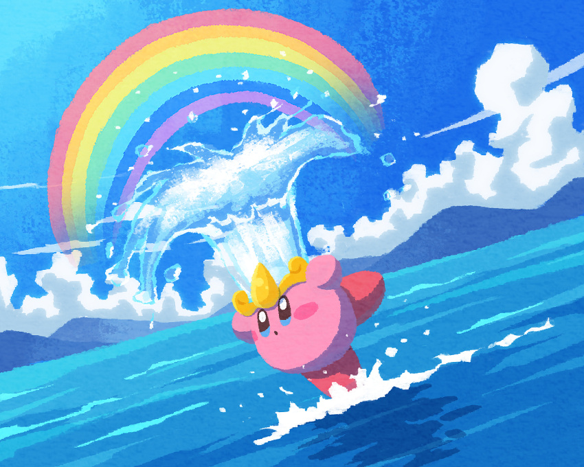 1other, blue_eyes, blue_sky, blush_stickers, clouds, crown, kirby, kirby_(series), miclot, mountainous_horizon, no_humans, ocean, open_mouth, rainbow, sky, standing, standing_on_one_leg, water, water_kirby