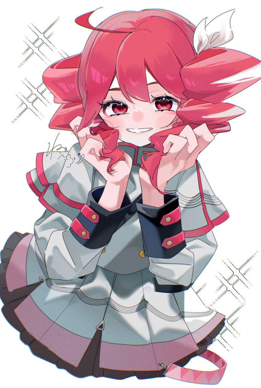 akita_aaa, blush, bow, buttoned_cuffs, buttons, double-breasted, drill_hair, frilled_skirt, frills, grey_jacket, grey_skirt, hands_in_own_hair, hands_up, highres, jacket, kasane_teto, kasane_teto_(sv), layered_skirt, looking_at_viewer, musical_staff_print, open_mouth, pink_nails, red_trim, redhead, shoulder_belt, shoulder_boards, shoulder_strap, signature, simple_background, skirt, sleeve_cuffs, smile, sparkle, striped, synthesizer_v, teeth, twin_drills, twintails, uniform, upper_body, utau, white_background, white_bow