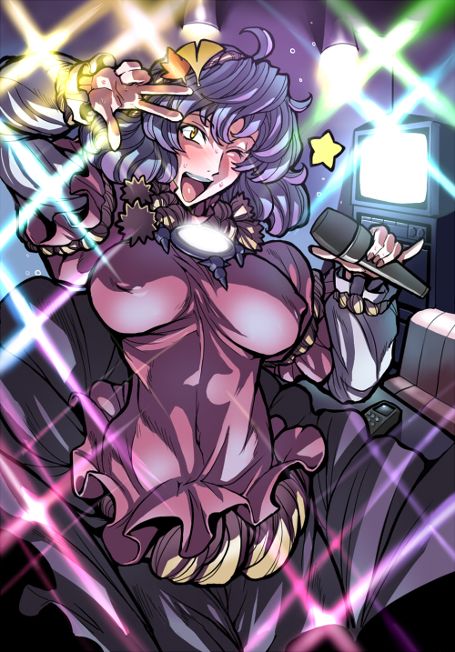 erect_nipples, impossible_clothes, impossible_shirt, itagayui, karaoke, microphone, pinky_out, purple_hair