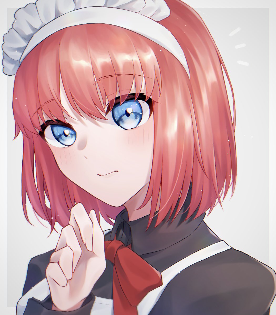 1girl, 625chin, apron, black_dress, blue_eyes, blush, closed_mouth, collared_dress, commentary_request, dress, highres, hisui_(tsukihime), long_sleeves, looking_at_viewer, maid, maid_apron, maid_headdress, neck_ribbon, red_ribbon, redhead, ribbon, short_hair, solo, tsukihime, upper_body, white_apron
