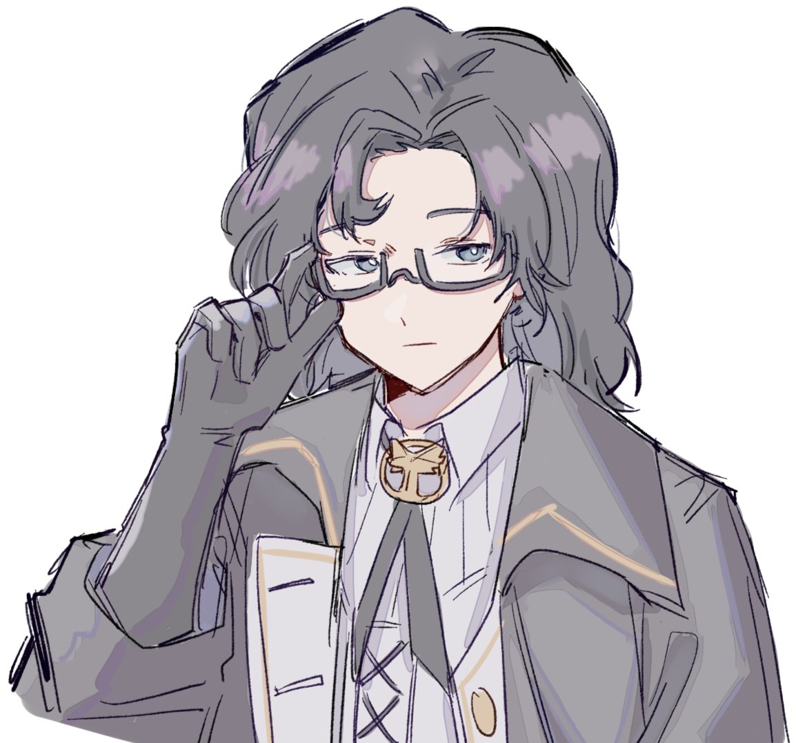 1girl, adjusting_eyewear, black_coat, black_gloves, black_hair, black_ribbon, bright_pupils, closed_mouth
