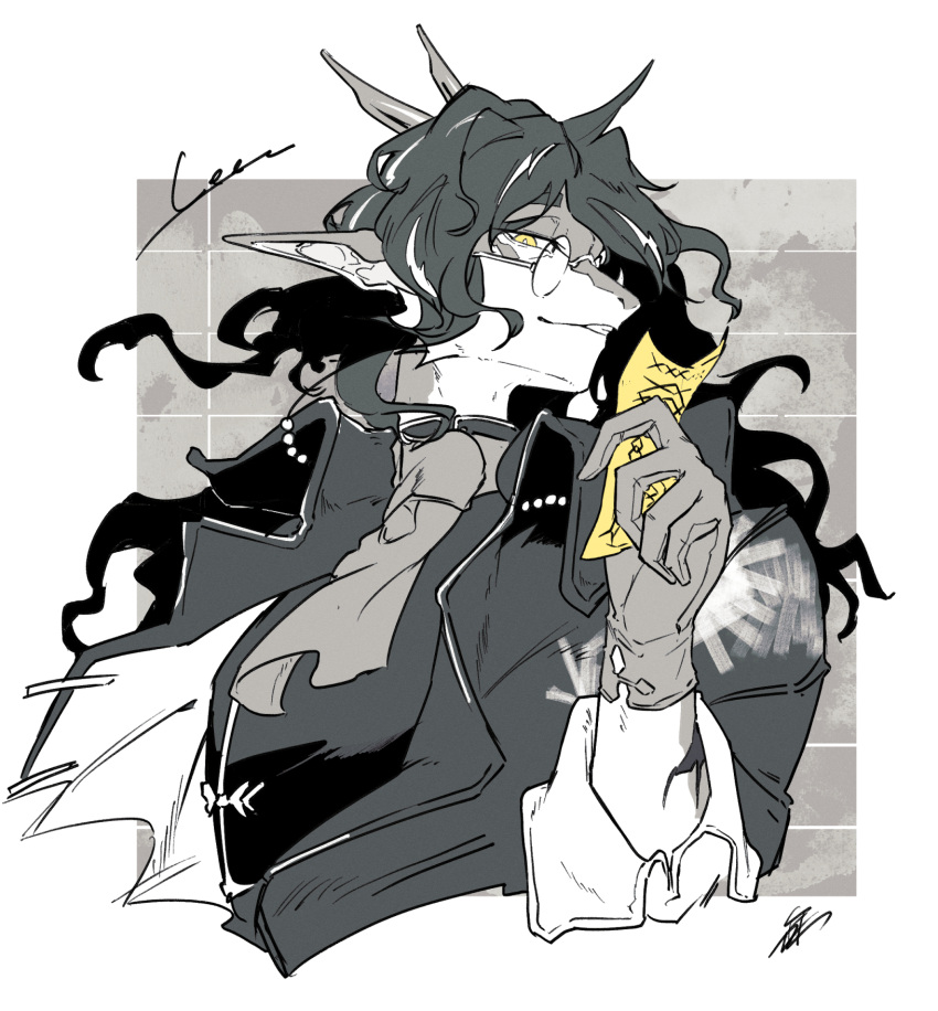 1boy, arknights, black_hair, border, character_name, cnnonnbiri96_(tori), commentary, fins