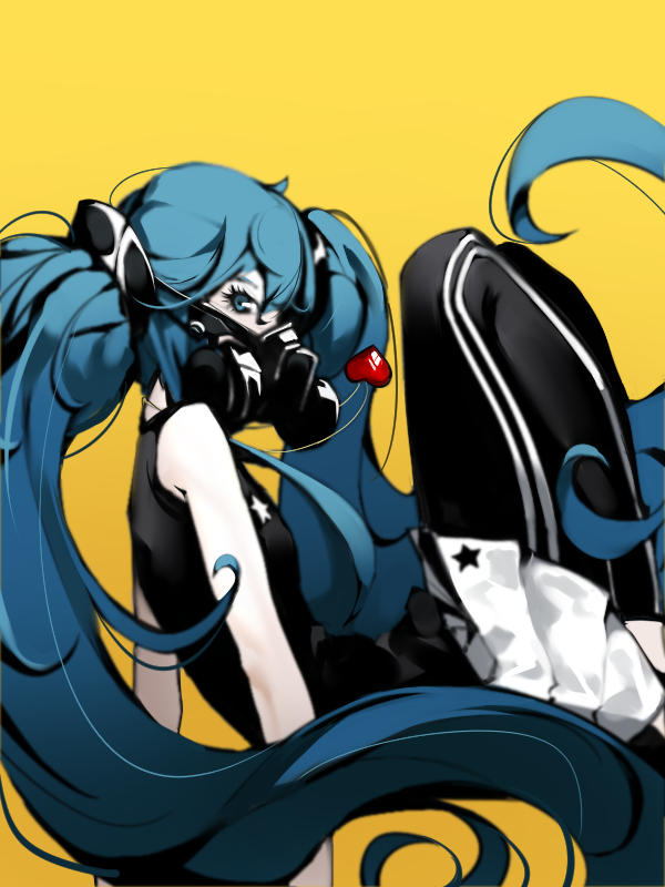 1girl, ahoge, armpits, badge, bare_shoulders, black_shirt, blue_eyes, blue_hair, bracelet, from_side, hand_up, hatsune_miku, heart, heart_necklace, jewelry, long_hair, mask, mouth_mask, necklace, necktie, oop, respirator, reversible_campaign_(vocaloid), shirt, sideways_glance, sleeveless, sleeveless_shirt, vocaloid