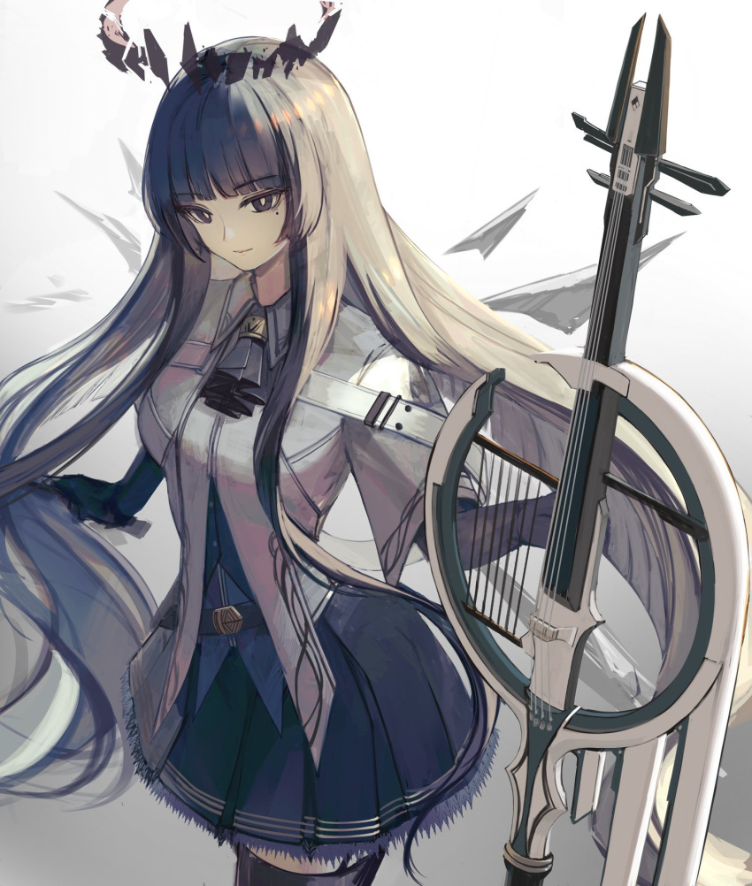 1girl, arknights, ascot, black_gloves, black_hair, black_halo, black_thighhighs, blue_shirt