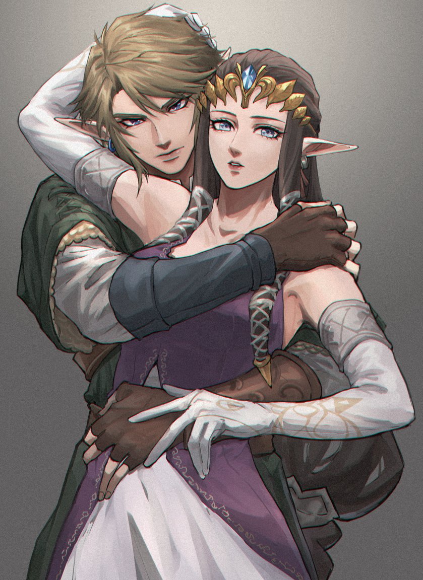 1boy, 1girl, bare_shoulders, blonde_hair, brown_gloves, brown_hair, circlet, closed_mouth
