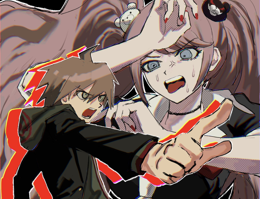 1boy, 1girl, a12740807, ahoge, anger_vein, bear_hair_ornament, black_choker, black_jacket