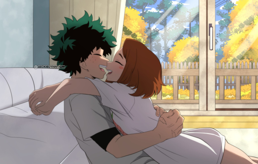 1boy, 1girl, bad_source, boku_no_hero_academia, brown_eyes, brown_hair, green_eyes, green_hair