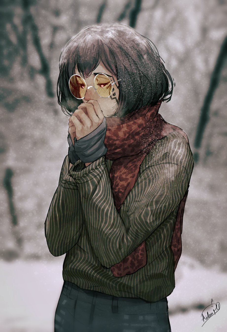 1girl, aidenr0, animal_print, black_hair, blurry, cowboy_shot, denim, english_commentary, facial_tattoo, fingerless_gloves, gloves, green_sweater, grey_gloves, hair_between_eyes, highres, jeans, leopard_print, long_sleeves, original, outdoors, pants, red_eyes, red_scarf, round_eyewear, scarf, short_hair, signature, snow, snow_on_head, solo, sweater, tattoo, tinted_eyewear, visible_air, yellow-tinted_eyewear