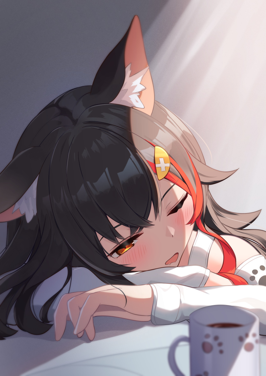 1girl, absurdres, akuame_(ring3922), animal_ears, arms_on_table, black_hair, coffee_mug, cup
