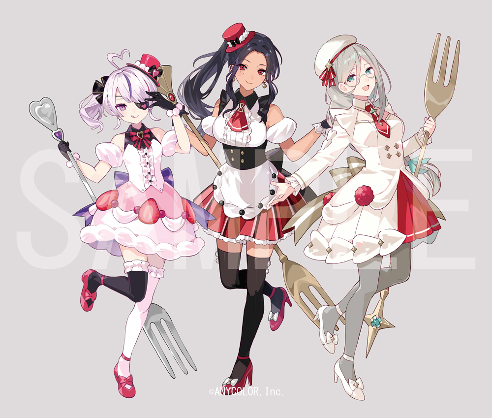 3girls, ahoge, aia_amare, apron, asymmetrical_legwear, beret, black_corset, black_gloves