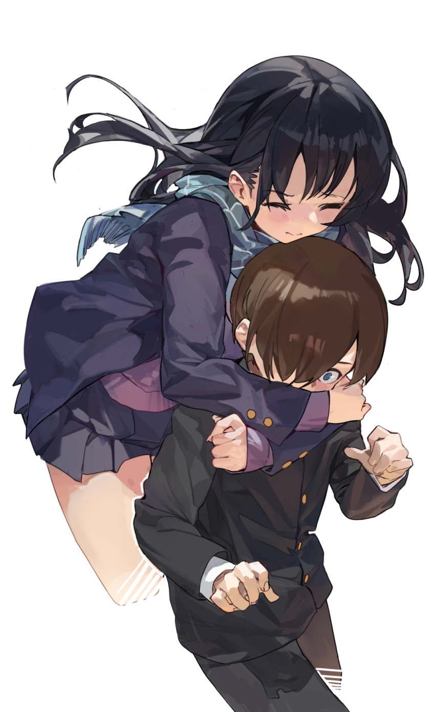1boy, 1girl, black_hair, black_skirt, blazer, blue_eyes, boku_no_kokoro_no_yabai_yatsu, brown_hair