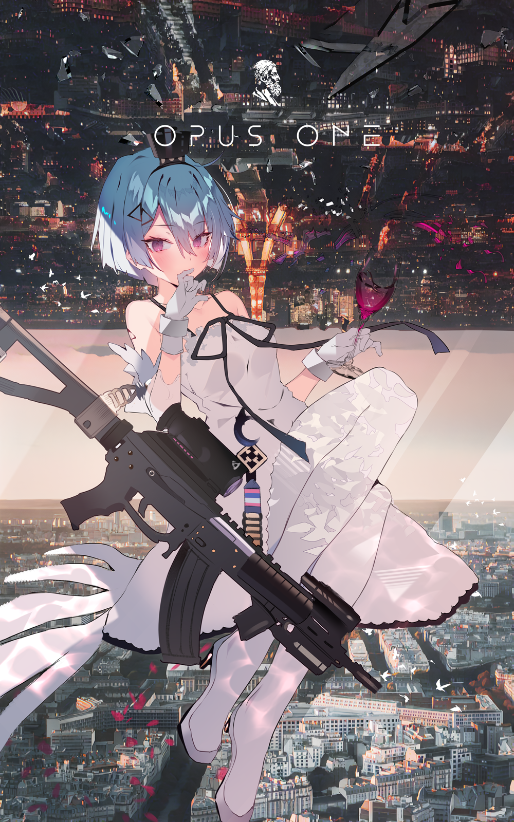 1girl, assault_rifle, bare_shoulders, black_ribbon, blue_hair, blush, cityscape, collarbone, crown, cup, dress, drinking_glass, girls_frontline, gloves, gun, hair_between_eyes, hand_to_own_mouth, highres, holding, holding_cup, kalashnikov_rifle, looking_at_viewer, mini_crown, paris, red_wine, ribbon, rifle, short_hair, solo, soukou_makura, violet_eyes, weapon, white_dress, white_gloves, wine_glass, zas_m21_(girls'_frontline), zas_m21_(white_queen)_(girls'_frontline), zastava_m21