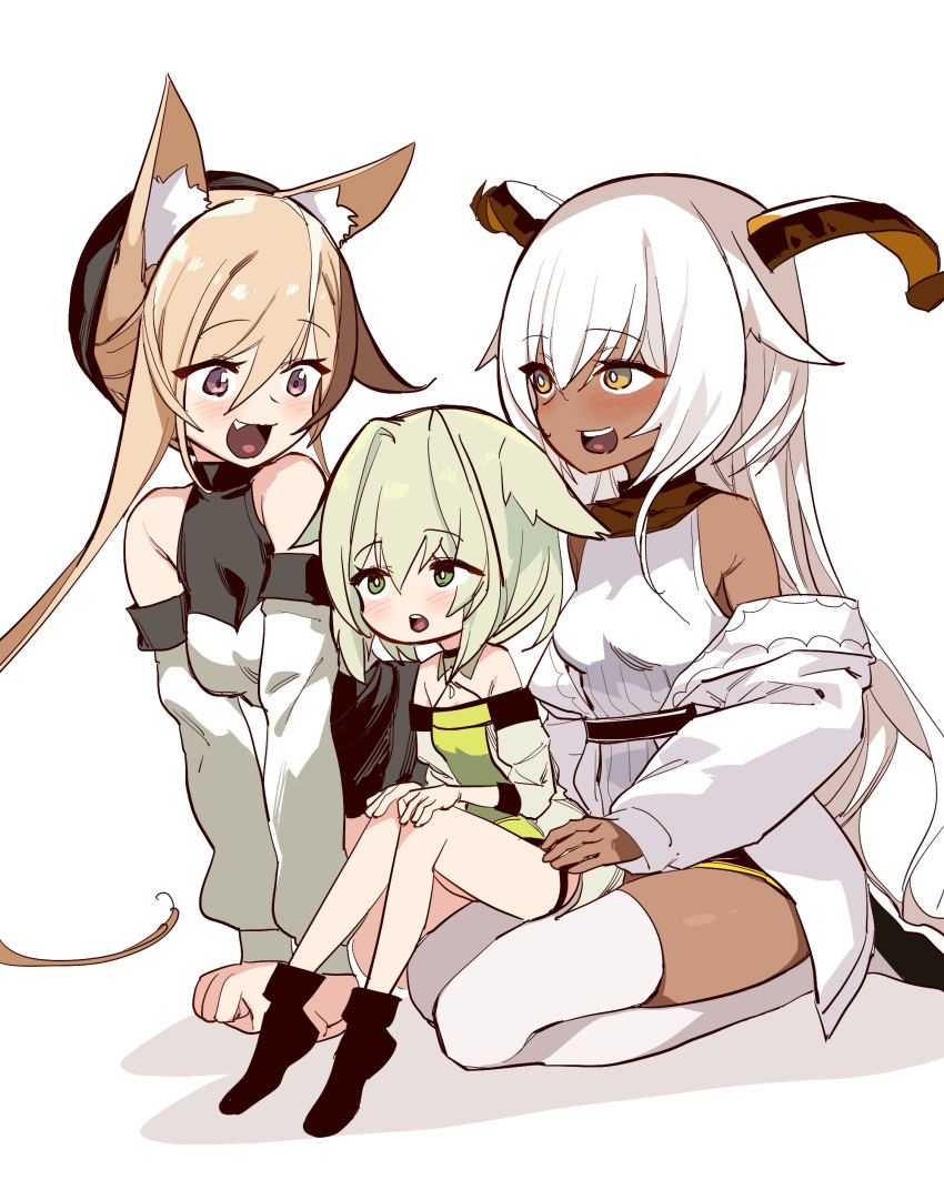 3girls, absurdres, aged_down, animal_ear_fluff, animal_ears, arknights, bare_shoulders, beeswax_(arknights)