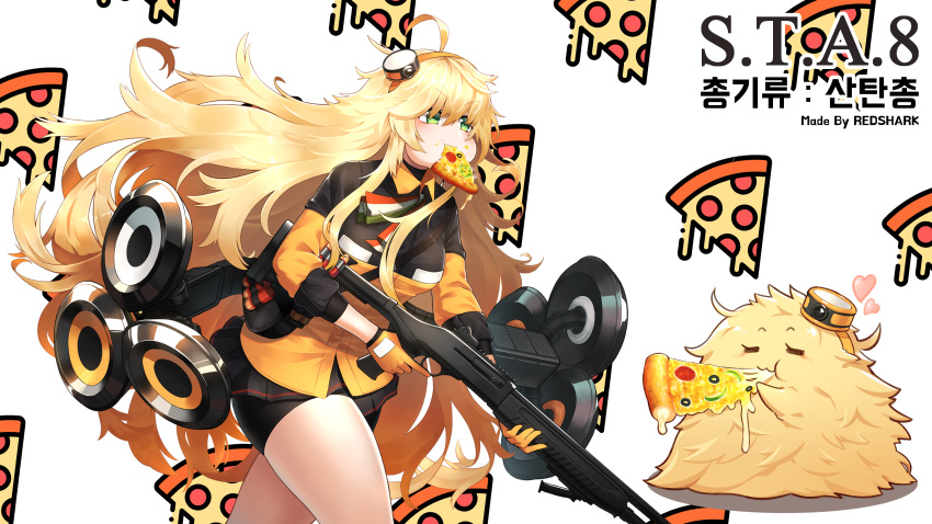 1girl, :3, =_=, absurdres, ahoge, artist_name, bell_pepper_slice, bike_shorts, black_gloves, black_jacket, black_shorts, black_skirt, blonde_hair, blush, breasts, character_name, chibi, closed_eyes, commentary_request, dripping, eating, fabarm_sat-8, food, food-themed_background, food_in_mouth, food_on_face, girls_frontline, gloves, green_eyes, gun, hair_between_eyes, hair_ornament, hairband, heart, highres, holding, holding_gun, holding_weapon, italian_flag, italian_flag_print, jacket, korean_commentary, korean_text, large_breasts, long_hair, long_sleeves, messy_hair, mixed-language_commentary, mouth_hold, multicolored_clothes, multicolored_jacket, neck_ribbon, olive, orange_gloves, orange_hairband, orange_jacket, partial_commentary, pepperoni, pizza, pizza_background, pleated_skirt, print_ribbon, puffy_cheeks, redshark7839, ribbon, s.a.t.8_(girls'_frontline), shadow, shield, shield_module, shorts, shotgun, shotgun_shell, simple_background, skindentation, skirt, solo, too_much_fluff, translation_request, trigger_discipline, two-sided_gloves, two-tone_jacket, typo, v-shaped_eyebrows, very_long_hair, weapon, white_background