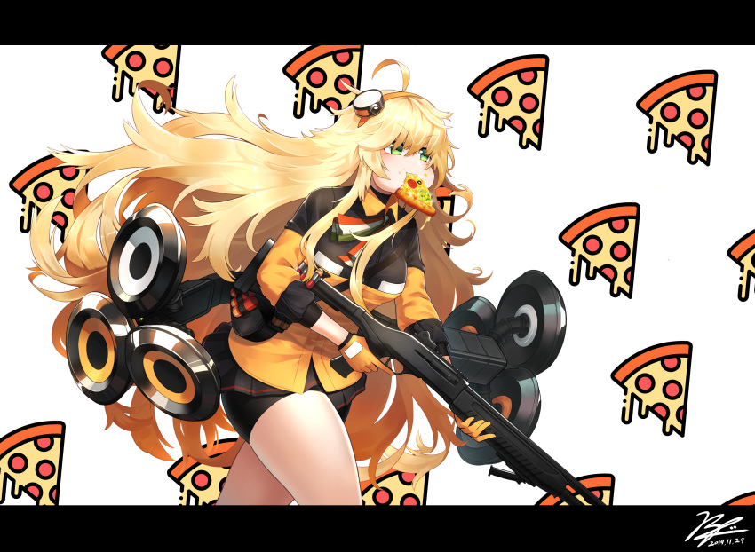 1girl, absurdres, ahoge, bell_pepper_slice, bike_shorts, black_gloves, black_jacket, black_shorts