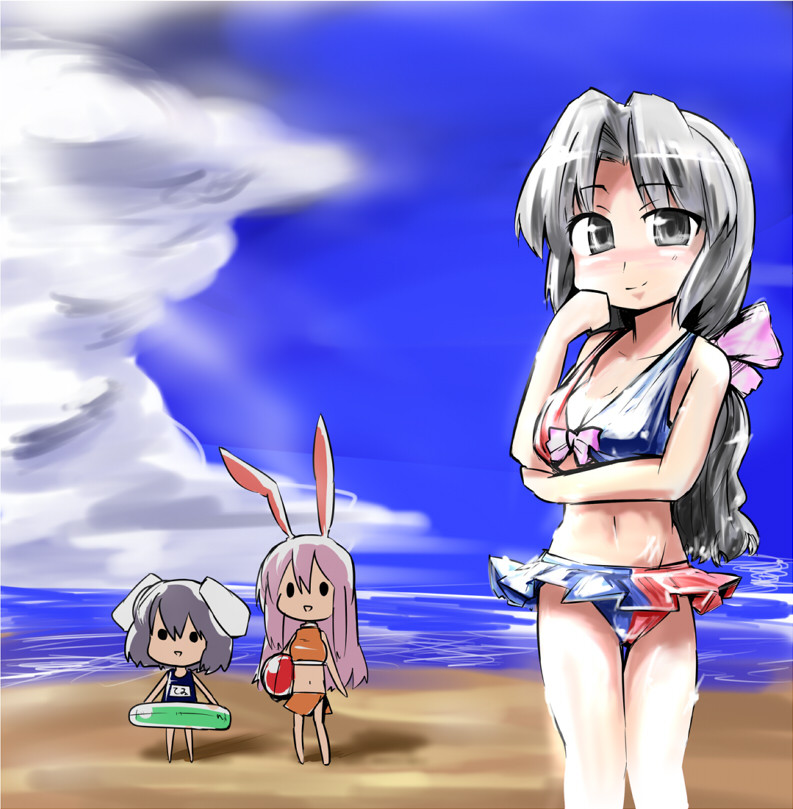 :d, adapted_costume, alternate_costume, ball, bangs, beach, beachball, bikini