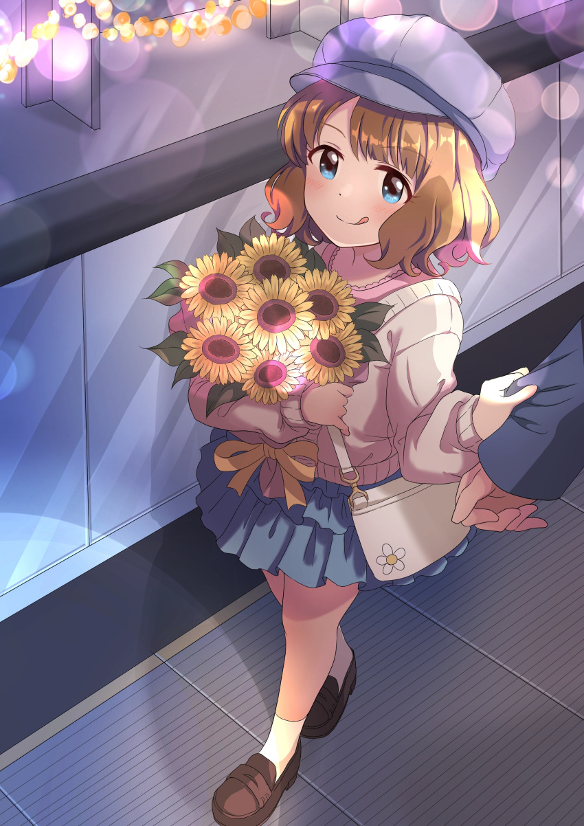 1boy, 1girl, absurdres, bag, blue_eyes, blue_headwear, blue_skirt, blush