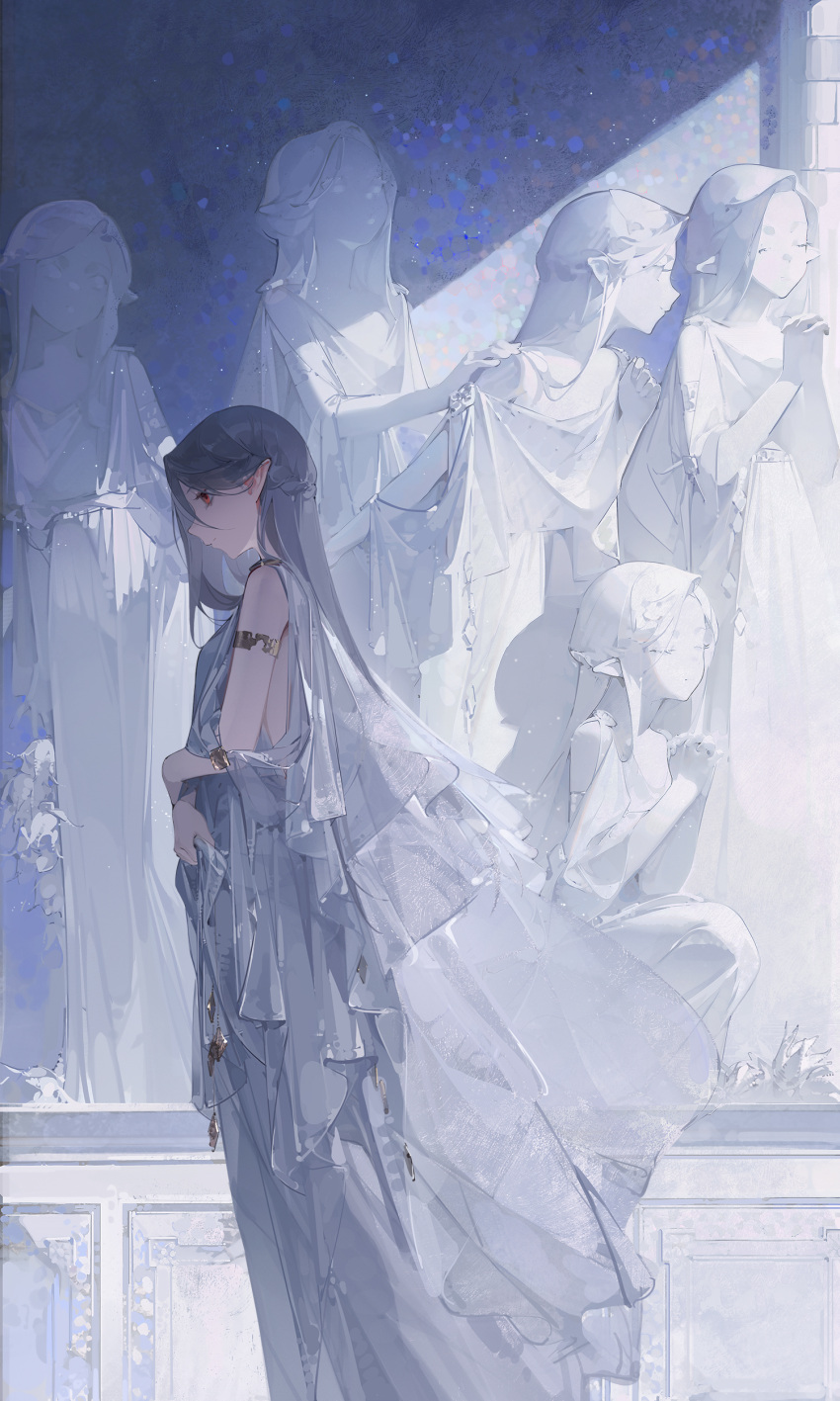 1girl, absurdres, bare_shoulders, braid, cape, commentary_request, dlgeria, dress