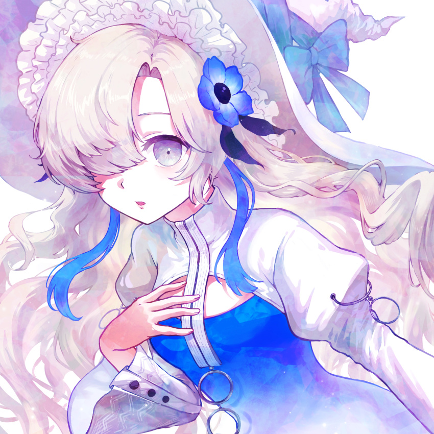 1girl, blue_dress, blue_hair, dress, frills, grey_eyes, grey_hair, hair_over_one_eye