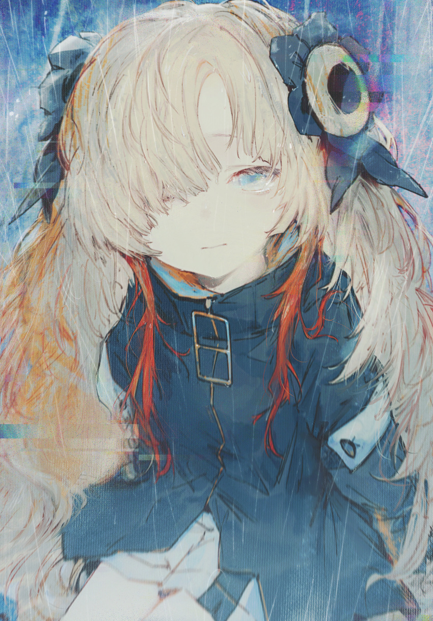132_(bb32768), 1girl, black_coat, black_flower, blue_eyes, coat, cowboy_shot, expressionless