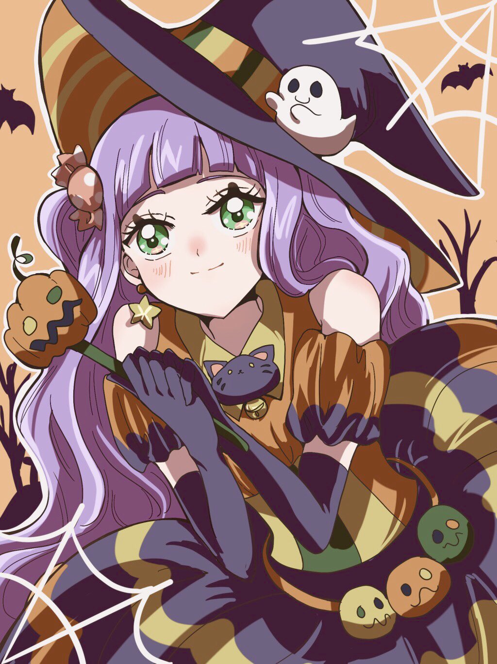 1girl, aged_up, bat_(animal), bell, black_dress, black_gloves, black_headwear, candy_hair_ornament