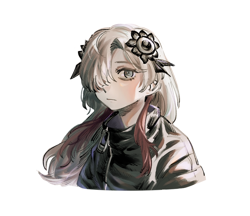 1girl, black_coat, black_flower, coat, cropped_torso, expressionless, flower, grey_eyes