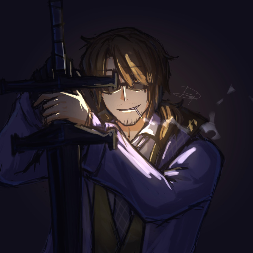 1boy, blue_jacket, brown_hair, cigarette, dreizakuro, greatsword, gregor_(limbus_company), highres, jacket, limbus_company, necktie, ponytail, project_moon, smoking, solo, sword, two-handed_sword, weapon, zweihander