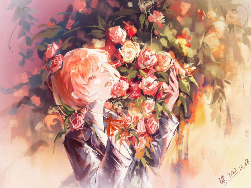 1girl, absurdres, blazer, braid, closed_eyes, collared_shirt, crying, flower, gui_mu_(syndrome1002), hair_over_shoulder, highres, holding, holding_flower, jacket, kaf_(kamitsubaki_studio), kamitsubaki_studio, neck_ribbon, open_mouth, pink_flower, pink_hair, pink_rose, red_flower, red_ribbon, red_rose, ribbon, rose, school_uniform, shirt, smile, solo, tears, upper_body, virtual_youtuber, white_flower, white_rose