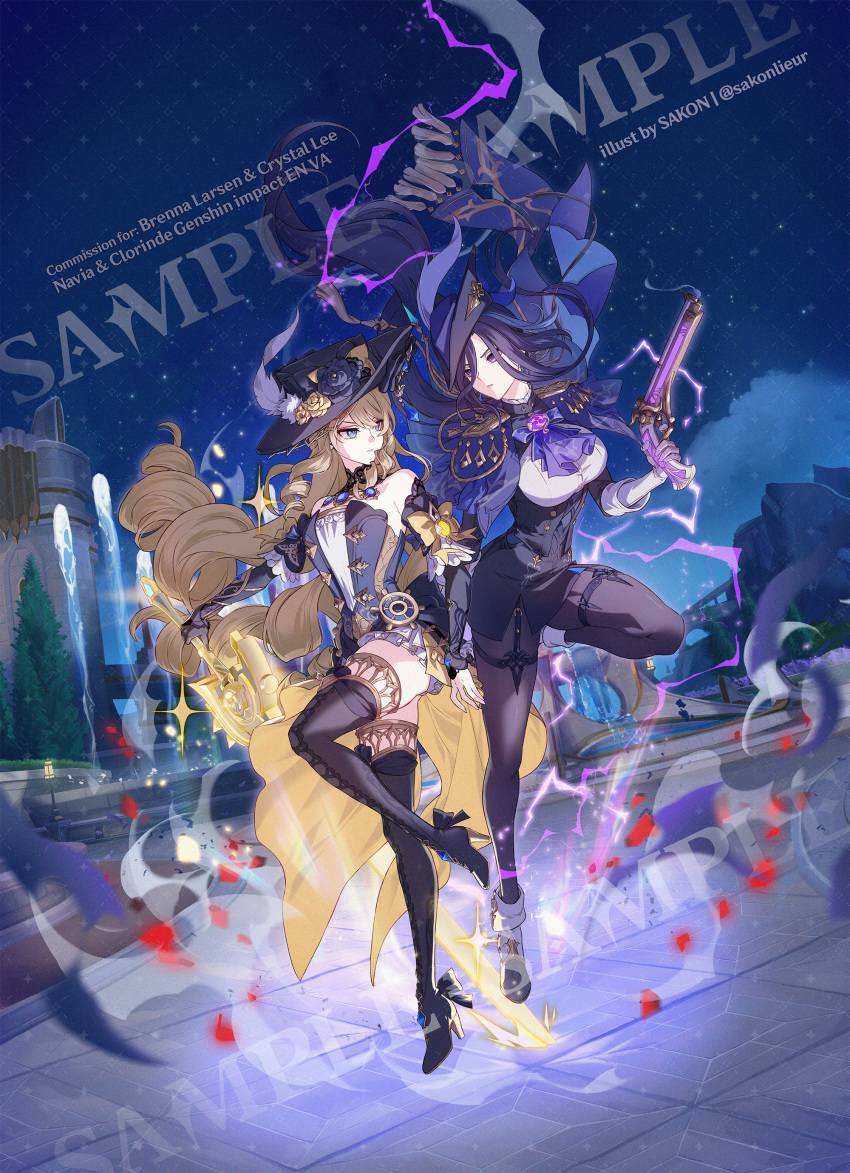 2girls, absurdres, ascot, black_corset, black_flower, black_headwear, blonde_hair, blue_cape