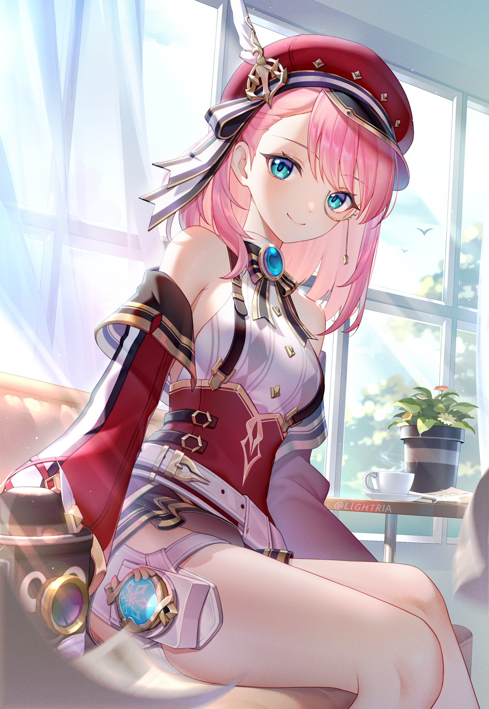 1girl, artist_name, bare_shoulders, belt, blue_brooch, blue_eyes, blue_gemstone, blurry