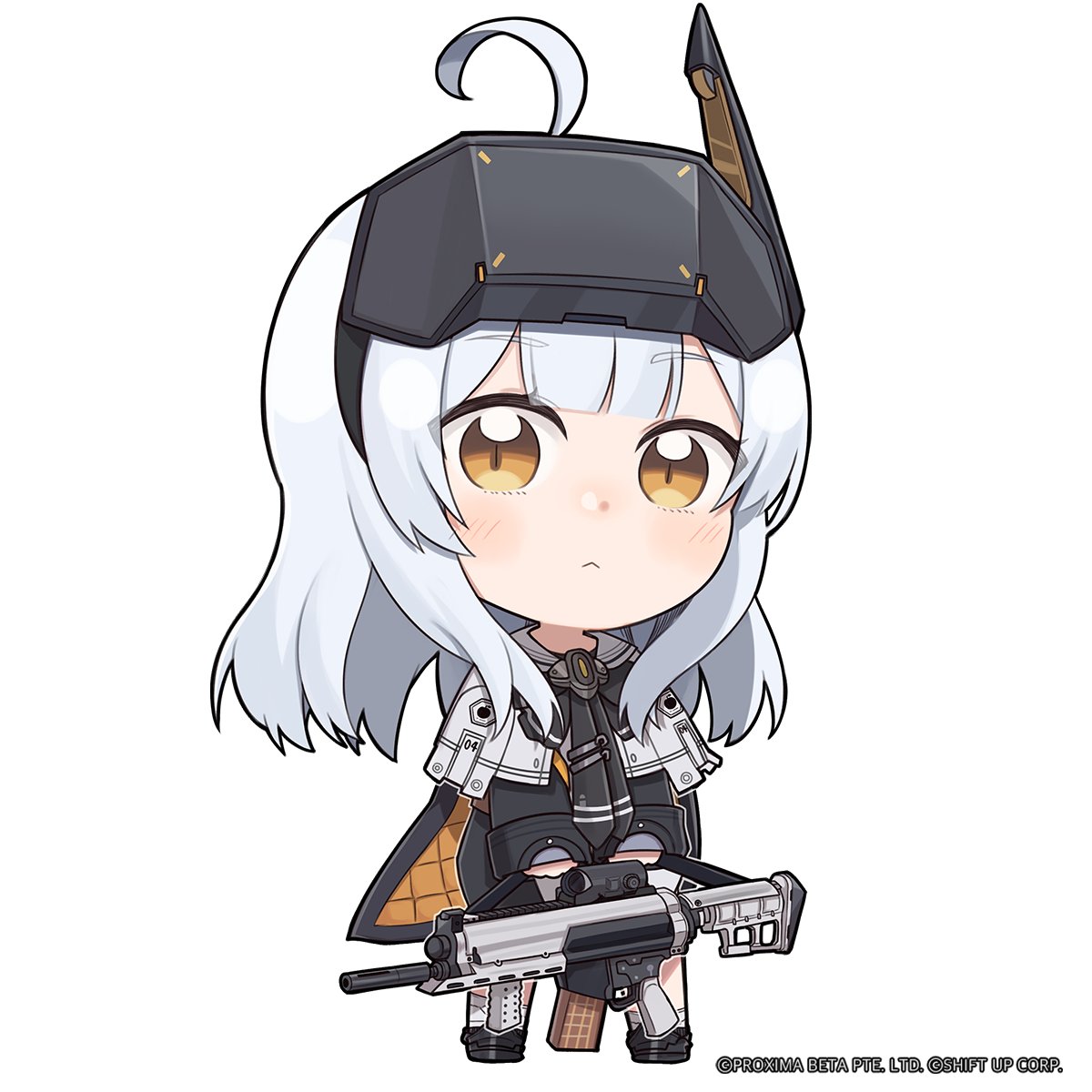 1girl, ahoge, black_footwear, black_necktie, blunt_bangs, brown_eyes, cape, capelet, chibi, closed_mouth, commentary, english_commentary, full_body, goddess_of_victory:_nikke, grey_hair, gun, head-mounted_display, highres, holding, holding_gun, holding_weapon, light_frown, loafers, long_hair, long_sleeves, looking_at_viewer, multiple_neckties, necktie, official_art, orange_cape, shoes, snow_white:_innocent_days_(nikke), socks, solo, standing, totatokeke, weapon, white_socks