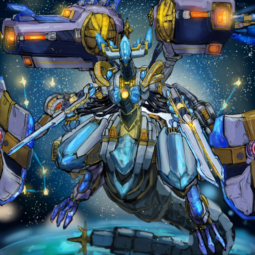 absurdres, adeshi_(adeshi0693119), arm_blade, armor, cable, dragon, drytron_meteonis_draconids, duel_monster, electricity, full_body, highres, horns, mecha, no_humans, non-humanoid_robot, robot, robot_dragon, shoulder_cannon, sky, solo, star_(sky), starry_sky, tail, weapon, yu-gi-oh!