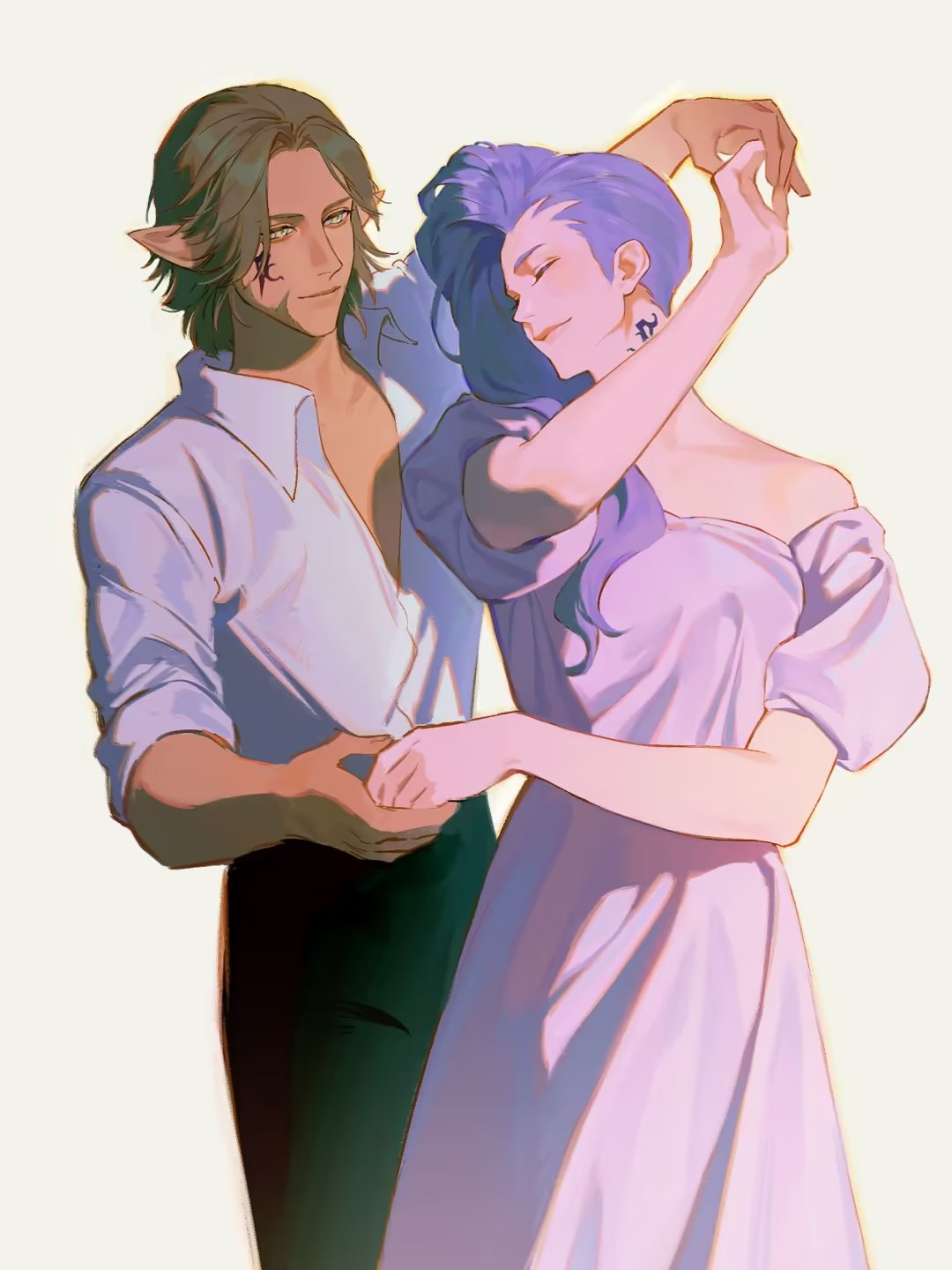 1boy, 1girl, alternate_costume, arm_up, asymmetrical_hair, bare_shoulders, black_pants, blue_hair