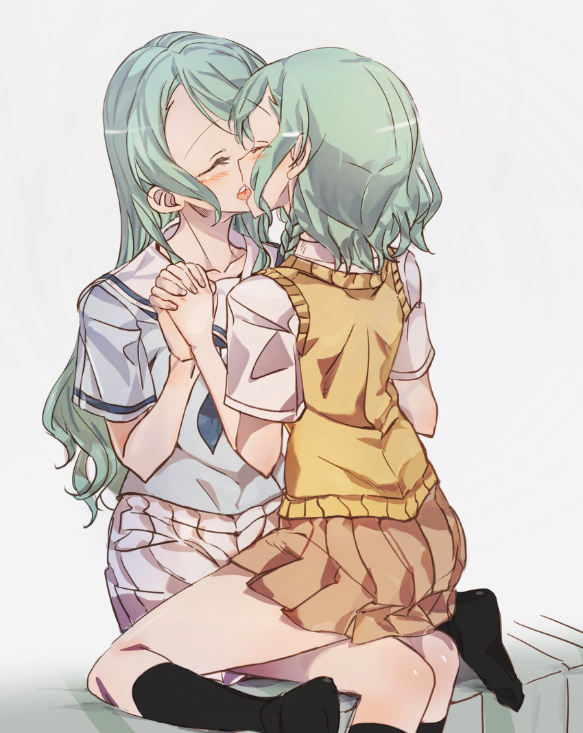 2girls, aqua_hair, bang_dream!, bed_sheet, black_socks, blue_neckerchief, blue_shirt, braid, brown_skirt, closed_eyes, commentary_request, french_kiss, highres, hikawa_hina, hikawa_sayo, incest, interlocked_fingers, junjun_(kimi-la), kiss, kneehighs, legs, long_hair, medium_hair, multiple_girls, neckerchief, pleated_skirt, shirt, siblings, sisters, sitting, sitting_on_person, skirt, socks, sweater_vest, twincest, twins, very_long_hair, white_shirt, white_skirt, yellow_sweater_vest, yuri