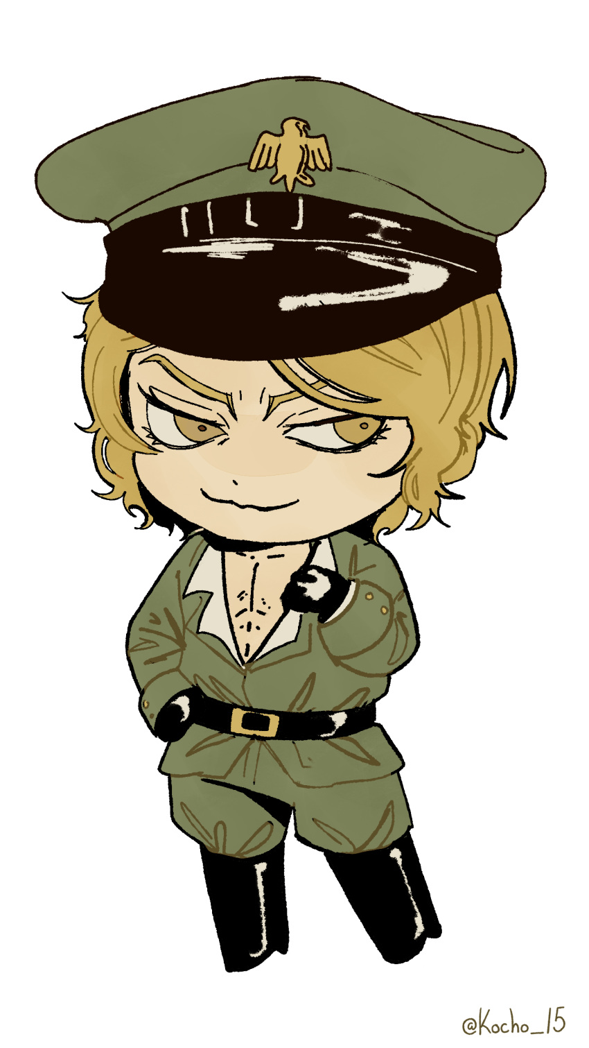 1boy, absurdres, belt, blonde_hair, chibi, fear_&amp;_hunger, fear_&amp;_hunger_2:_termina, full_body, hat, highres, kocho_15, military_hat, military_uniform, open_clothes, open_shirt, pav_(fear_&amp;_funger), peaked_cap, pectorals, short_hair, smile, solo, twitter_username, uniform, white_background, yellow_eyes