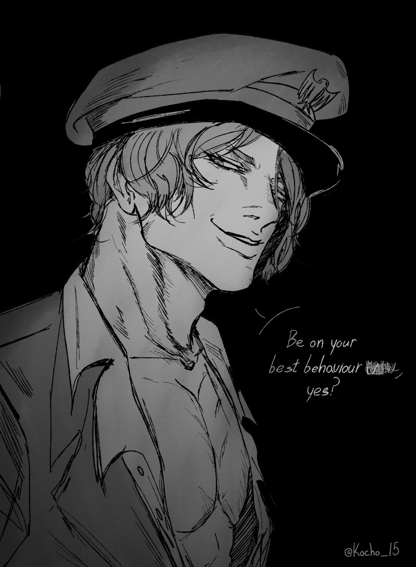 1boy, absurdres, black_background, fear_&amp;_hunger, fear_&amp;_hunger_2:_termina, grin, hat, highres, kocho_15, military_hat, military_uniform, monochrome, open_clothes, open_shirt, pav_(fear_&amp;_funger), peaked_cap, pectorals, short_hair, smile, solo, speech_bubble, twitter_username, uniform, upper_body