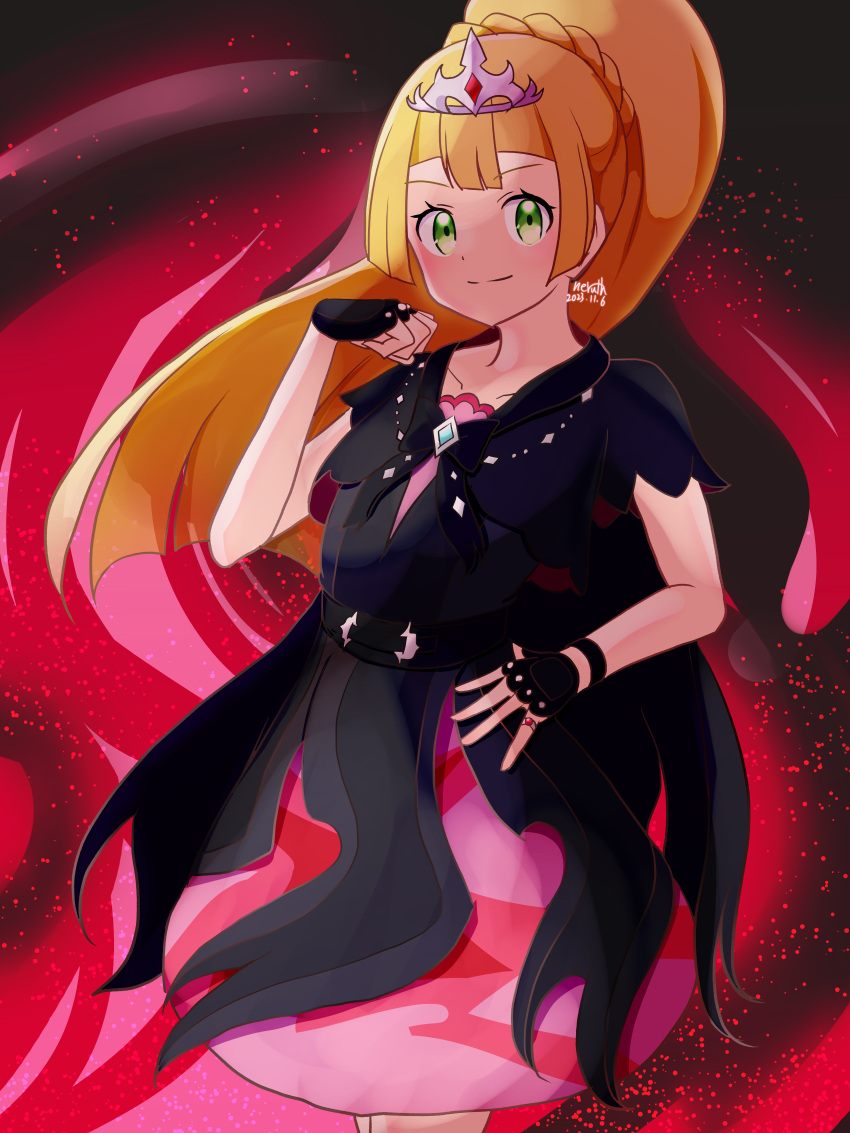 1girl, absurdres, black_dress, blonde_hair, collarbone, commentary_request, cosplay, dress, embers, fingerless_gloves, fire, gloves, green_eyes, highres, lillie_(pokemon), looking_at_viewer, marnie_(champion)_(pokemon), marnie_(pokemon), marnie_(pokemon)_(cosplay), neruth, official_alternate_costume, pokemon, pokemon_(game), pokemon_masters_ex, pokemon_sm, ponytail, signature, smile, solo, split_mouth, tiara